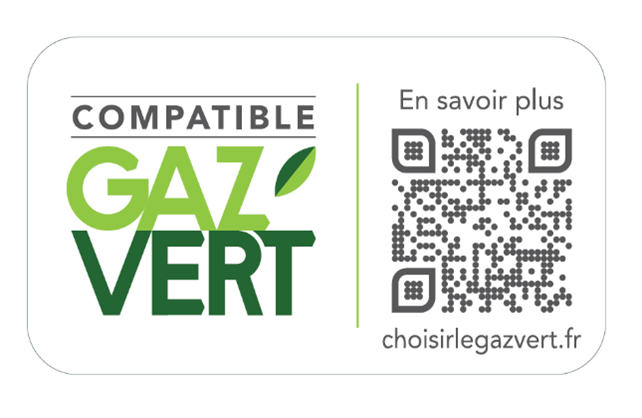 L’étiquette « COMPATIBLE GAZ VERT » fournie par Qualigaz Evonia pourra être apposée par le contrôleur lors de son contrôle. Cette étiquette permettra de rappeler à l’usager que son appareil est bien compatible avec le biométhane. Le QRcode renvoie vers une page d'informations choisirlegazvert.fr pour tout savoir sur le gaz vert.